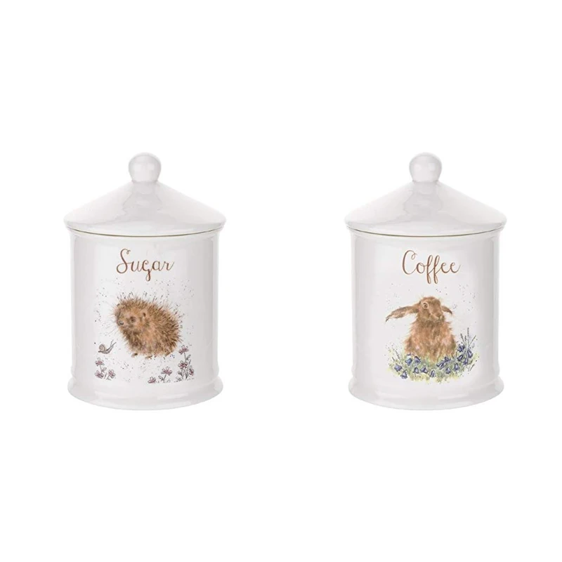 Wrendale by Royal Worcester Sugar Canister (Hedgehog), Bone China Multi-Colour, 10.5 x 10.5 x 15.5 cm & by Royal Worcester Coffee Canister (Hare), Bone China Multi-Colour, 10.5 x 10.5 x 15.5 cm - Image 1