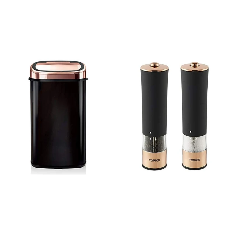 Tower Square Sensor Bin with Infrared Technology, Stainless Steel Black and Rose Gold, 58 Litre & Electric Salt and Pepper Mill, Stainless Steel, Soft-Touch Body, Rose Gold and Black