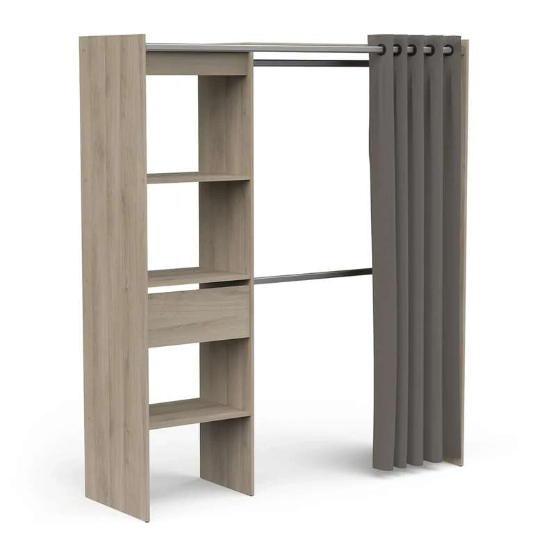 Demeyere Chicago Kit Guardaroba Estensibile con Tenda Grigia per la Camera da Letto, per riporre i Vestiti, Legno, Rovere Kronberg, 168.2 cm x 50 cm x 187 cm