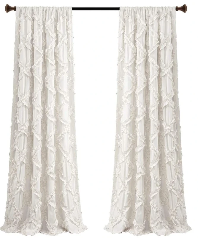 Lush Decor Ruffle Diamond Curtains Textured Window Panel Set for Living, Dining Room, Bedroom (Pair), 95” x 54”, White