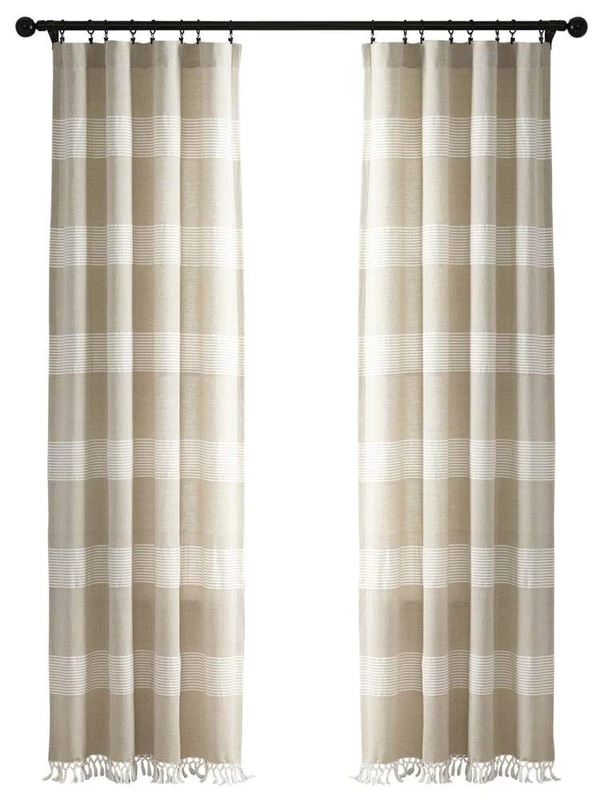Lush Decor, Taupe Tucker Stripe Yarn Dyed Cotton Knotted Tassel Window Curtain Panel Pair, 84" x 40"