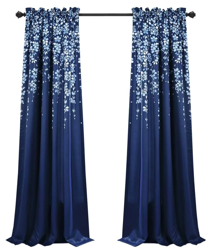 Lush Decor Weeping Flower Light Filtering Window Curtain Panels, Pair, 52" W x 95" L + 2" Header, Navy - Charming Modern Floral Curtains for Living Room, Dining Room, & Bedroom