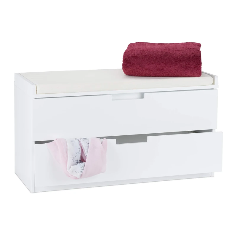 Relaxdays Hallway Bench With 2 Drawers, Drawer Cabinet Padded Seating, Shoe Storage, HxWxD: 48.5 x 87 x 38 cm, White