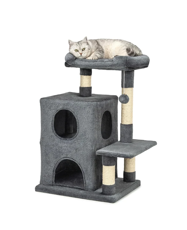 lionto Scratching tree for cats with 2 caves & cozy lying area, height 80 cm, cat tree with plush ball incl. bell, with sisal rope & plush, suitable for small & large cats, dark grey