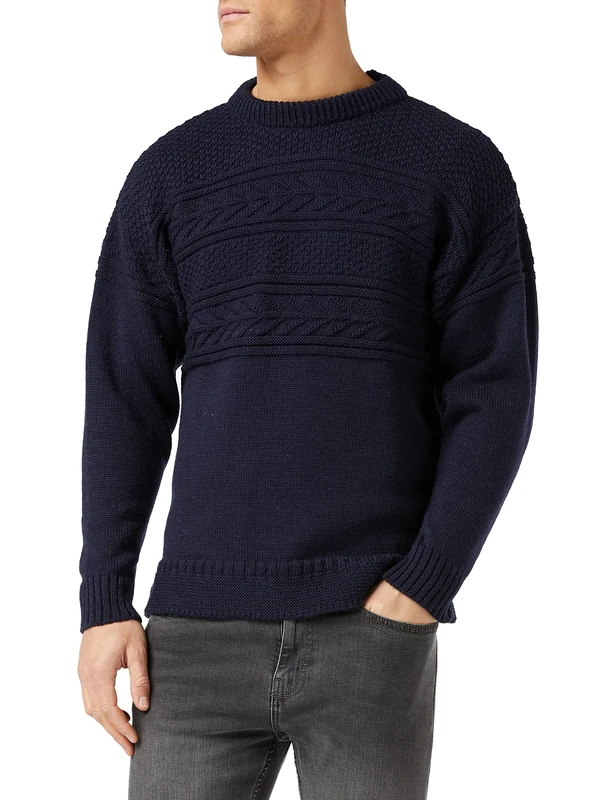 Crew Neck Guernsey Sweater, Navy, L