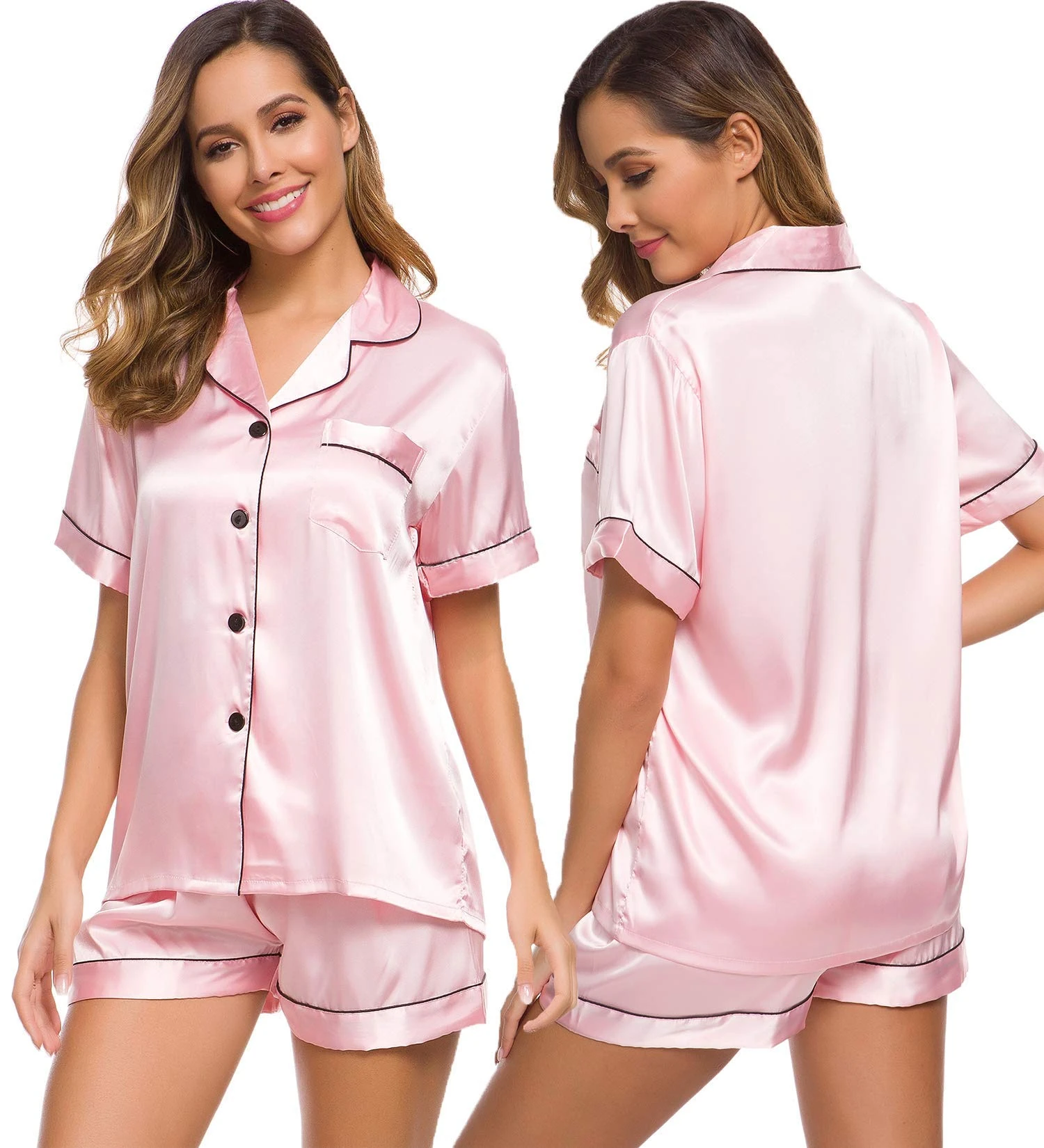 SWOMOG Womens Silk Satin Pyjamas Set Two-Piece Pj Sets Breathable Sleepwear Loungewear Button Down Pjs