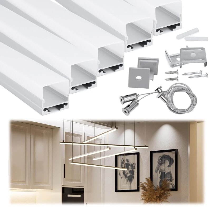 Muzata LED Strip Channel with Hanging Wire,Spotless Frosted Diffuser Cover for Garages,Workshops Ceiling Light Daylight,Wide FlushMount Aluminum Profile Track 5Pack 3.3Ft 1M U116 WW,LS2