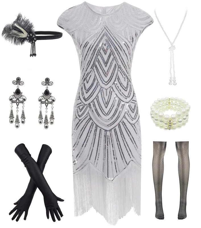 Letter Love Women 1920s Vintage Flapper Fringe Beaded Gatsby Party Dress with 20s Accessories Set - White - XXX-Large