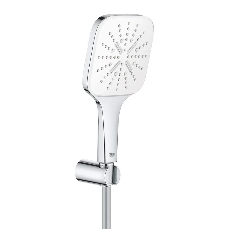 GROHE Rainshower 130 Smartactive Cube Shower Set Water-Saving 3-Spray 130mm Hand Shower with 1500mm Silverflex Hose and Wall Holder Chrome with White Spray Plate Made in Germany 26589LS0