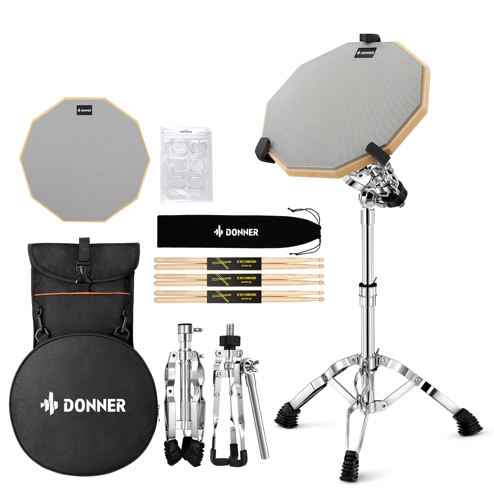 Donner Drum Practice Pad with Snare Drum Stand Kit, Including double-Sided 12 Inch Drum Pad, Drumsticks, Adjustable Stand Fits 10''-14'' Dia Drums