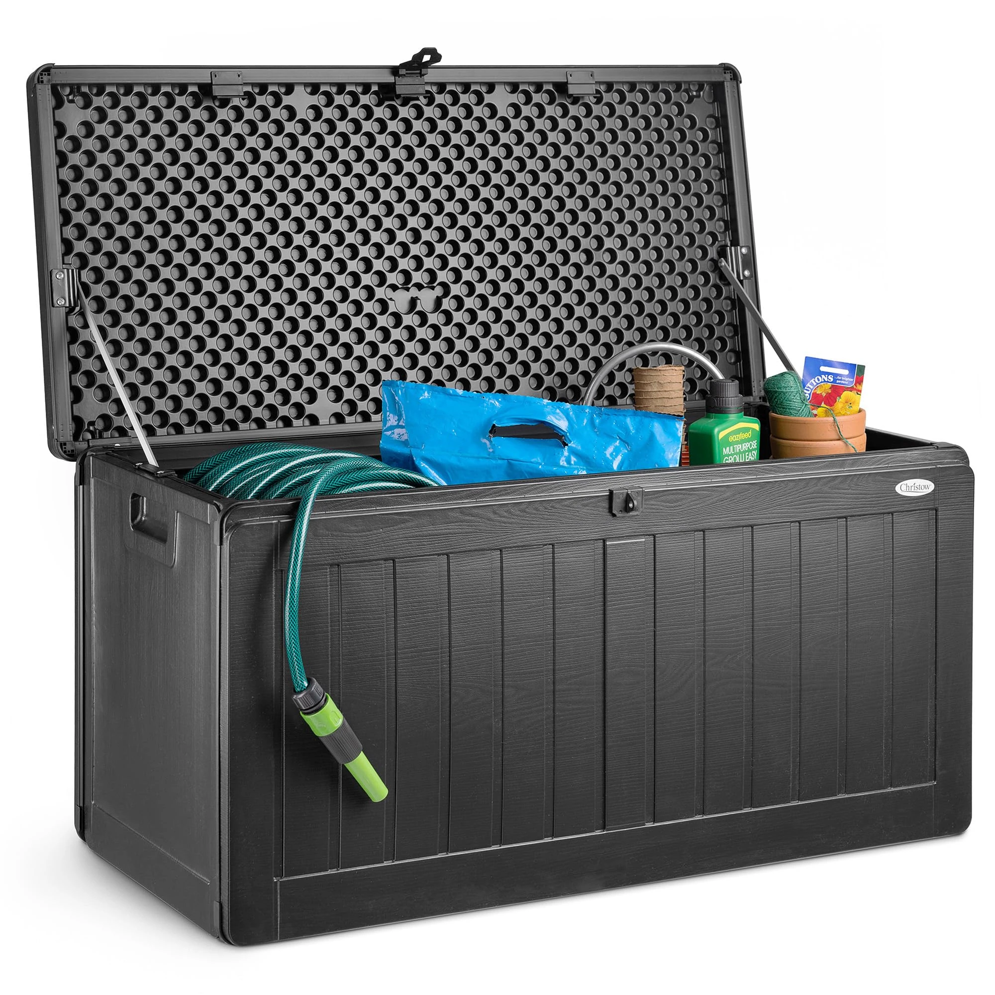 CHRISTOW Waterproof Garden Storage Box With Lockable Lid, Plastic Wood Effect Outdoor Storage Box, Aluminium Hinges, 190L
