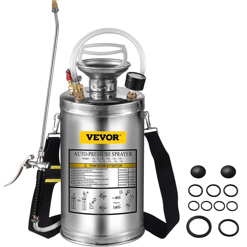 BuoQua 6L Stainless Steel Sprayer 1.5Gallon Steel Hand-Pump Sprayer with 3.3-inch Reinforced Hose Pressure Garden Sprayer for Home Gardening and Ground Cleaning(6L), Silver, PWQBXG6L000000001