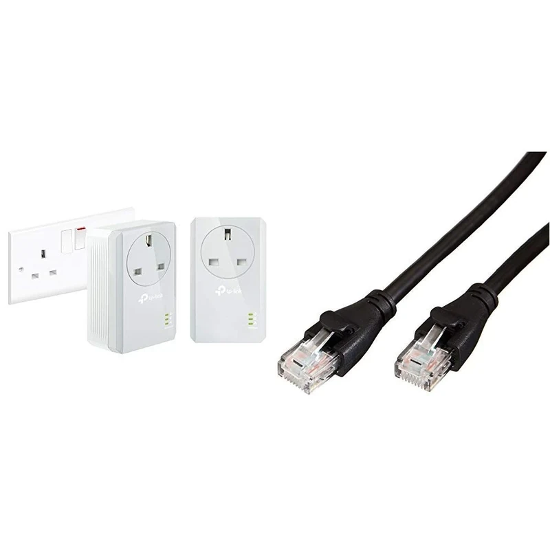 TP-Link TL-PA4010PKIT Passthrough Powerline Adapter Starter Kit, No Configuration Required, UK Plug, Pack of 2 & Amazon Basics RJ45 CAT6 Ethernet LAN Patch Cable (3 m / 10 Feet) [1,000 Mbps (1 Gbps)]