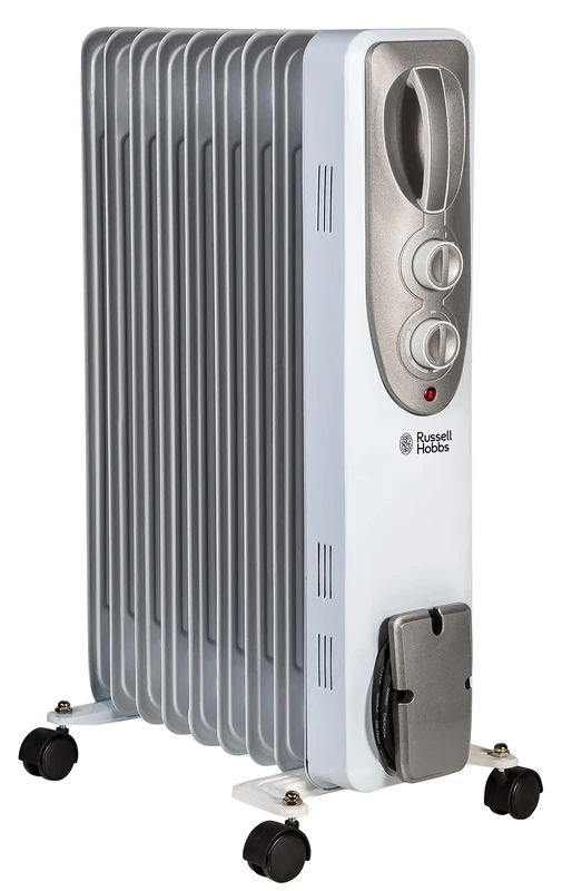 Russell Hobbs 2000W/2KW Oil Filled Radiator, 9 Fin Portable Electric Heater - White, Adjustable Thermostat with 3 Heat Settings, Safety Cut-off, 20 m sq Room Size, RHOFR5002, 2 Year Guarantee