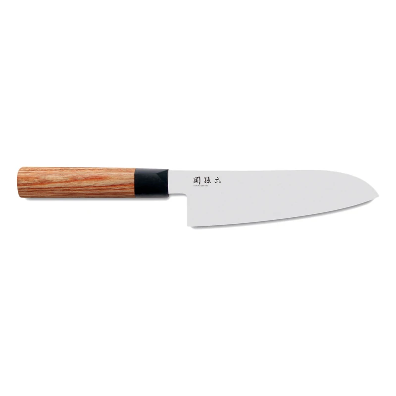 KAI Seki Magoroku Redwood Santoku Knife 17.0 cm blade length - 1K6 stainless carbon steel with 57 (±1) HRC - high-gloss polished blade - pakkawood redwood - handcrafted in Japan