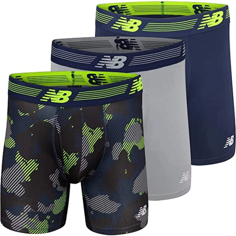 New Balance Men's 6" Boxer Brief Trunk Underpants Fly Front with Pouch (3 Pack), Pigment/Steel/Camo, Small