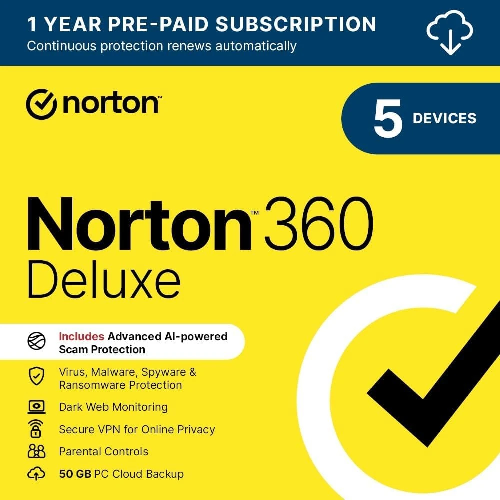 Norton 360 Deluxe 2025, Antivirus software for 5 Devices and 1-year subscription with automatic renewal, Includes Secure VPN and Password Manager, PC/Mac/iOS/Android, Activation Code by email