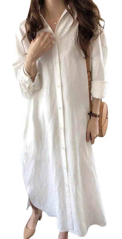 GGUHHU Womens Chic Button Down Rolled-Up Sleeve Long Cotton Blouse Maxi Dress, White, XL
