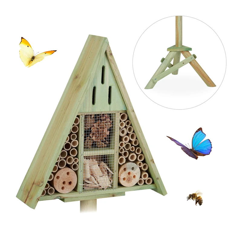 Relaxdays Triangular Insect Hotel on Stand, Garden Nesting Aid, Bee House, Wooden, HWD: 130x42x35cm, Green