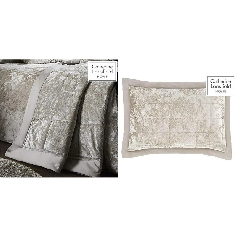 Catherine Lansfield Crushed Velvet Bedspread Natural, 220x220cm & Lansfield Crushed Velvet Pillowsham Pair Natural