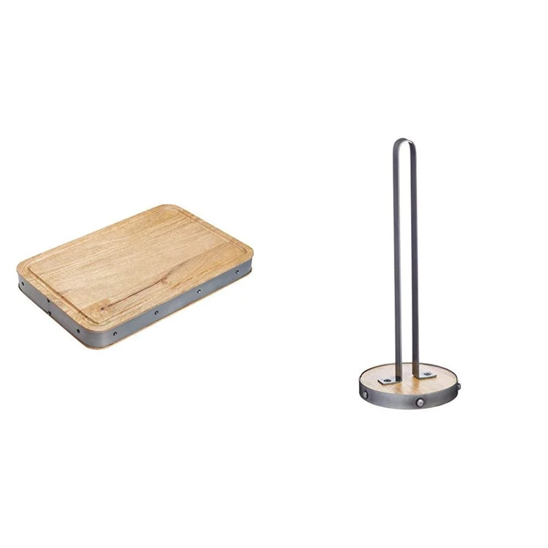 KitchenCraft Industrial Wooden Butcher’s Block Chopping Board, 48 x 32 x 5 cm (19” x 12.5” x 2”) - Rectangular & Industrial Metal/Wooden Kitchen Roll Holder, 31 cm