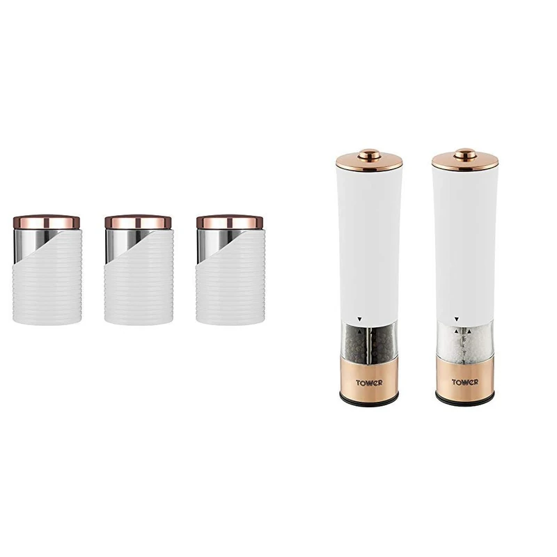 Tower Linear T826001RW Set of 3 Canisters with Air Tight Lid and Polished Stainless Steel, White and Rose Gold & T847003RW Electric Salt and Pepper Mills, Stainless Steel, White, 5.6 x 5.6 x 22.5 cm