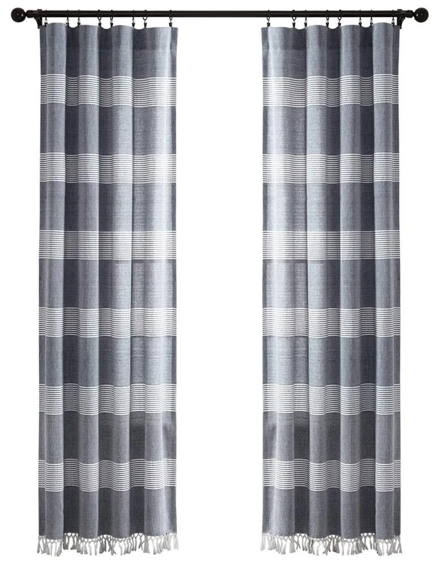 Lush Decor, Navy Tucker Stripe Yarn Dyed Cotton Knotted Tassel Window Curtain Panel Pair, 84" x 40"