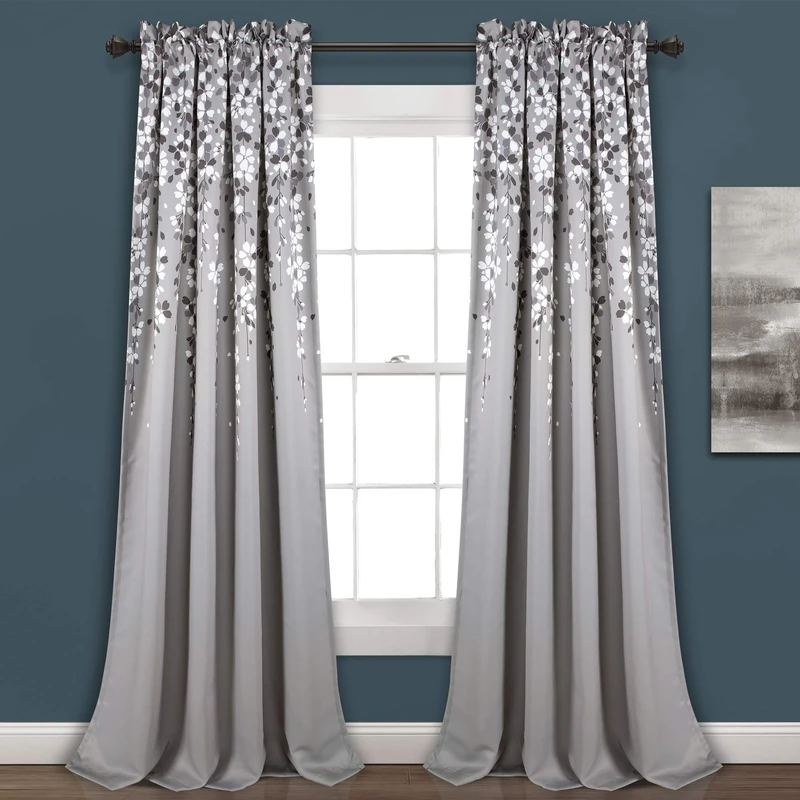 Lush Decor Weeping Flower Light Filtering Window Curtain Panels, Pair, 52" W x 84" L + 2" Header, Gray - Charming Modern Floral Curtains for Living Room, Dining Room, & Bedroom