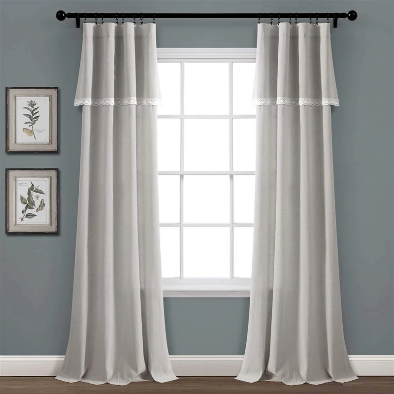 Lush Decor, Light Gray Linen Lace Window Curtain Panel Pair, 84" x 38", 84 in x 38