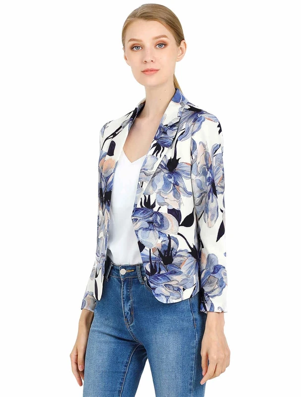 Allegra K Women's Open Front Office Work Business Crop Suit Blazer Jacket White Blue-Floral 16