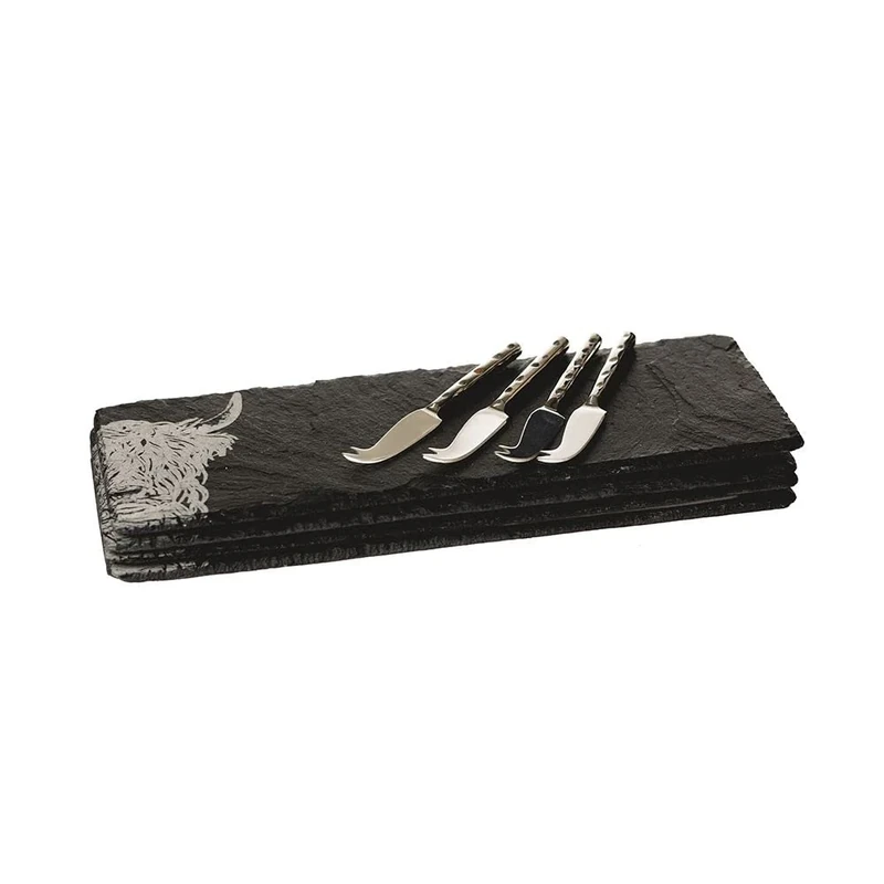 The Just Slate Company JS/MCBS/HC 4 Mini Highland Cow Cheese Board and Knife Set, Slate, Silver - Image 1