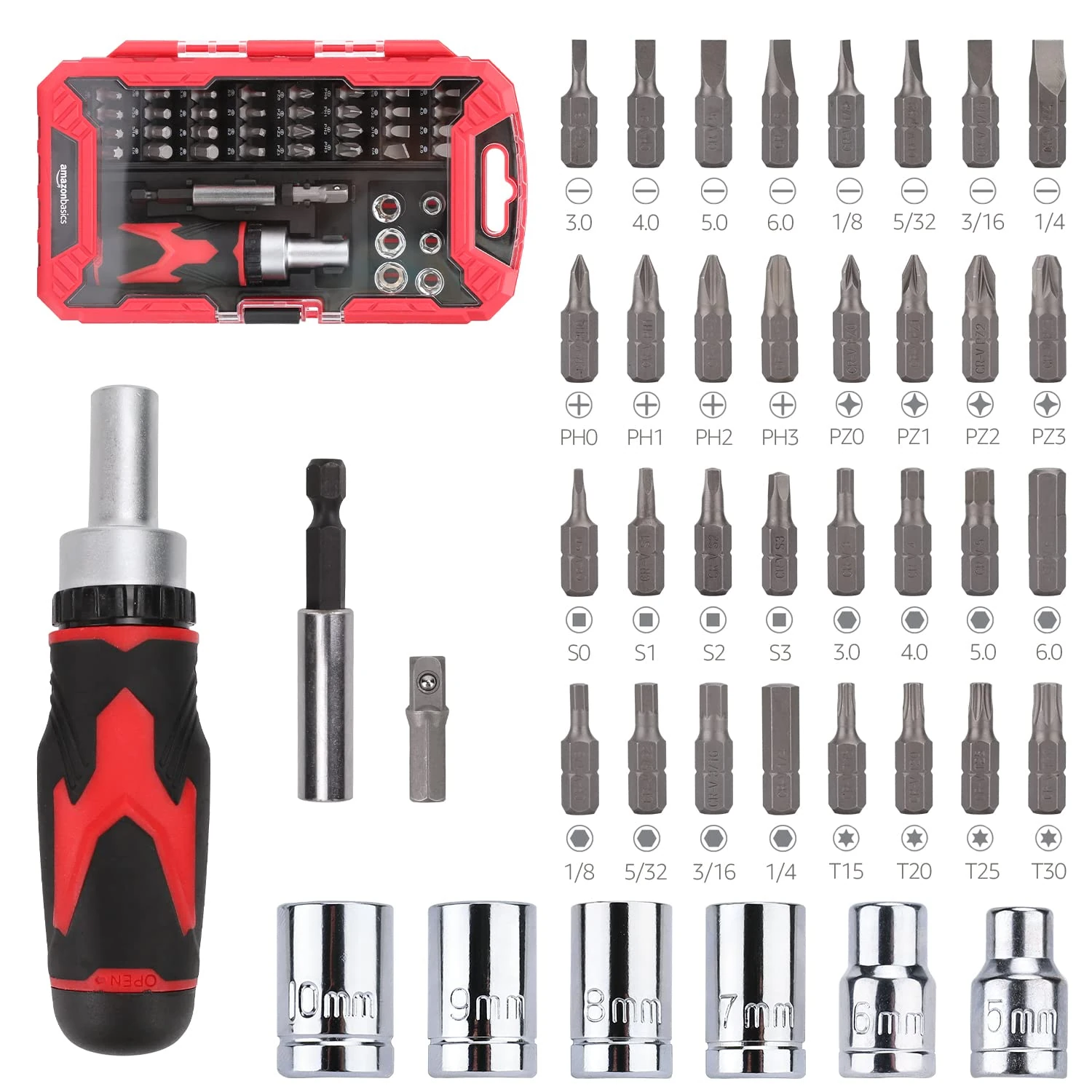 Amazon Basics 41 count (Pack of 1) Magnetic Ratchet Screwdriver Set, Black, Red, Silver