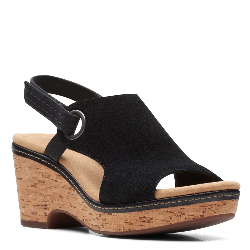 Clarks Women's Giselle Sea Wedge Sandal, Black Suede, 7.5 UK