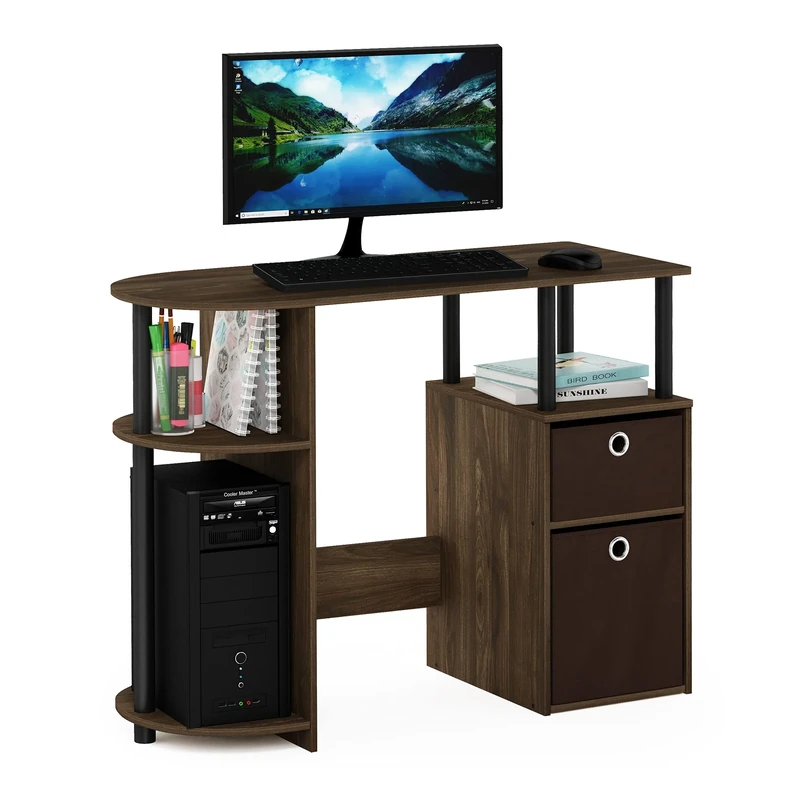 Furinno JAYA Simplistic Computer Study Desk with Bin Drawers, Columbia Walnut/Black/Dark Brown