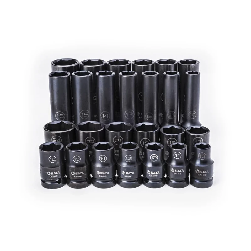 SATA ST34399T 26-Piece 1/2" Drive Standard and Deep Thin-Wall Impact Socket Set, Metric Sizes, with Chrome Molybdenum Body