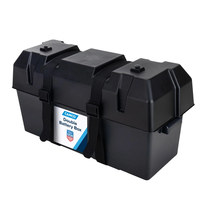 Camco Double Battery Box | Safely Stores RV, Automotive, and Marine Batteries | Features a Heavy-Duty Corrosion-Resilient Polymer Construction and Measures Inside 21-1/2" x 7-3/8" x 11-3/16" (55375)