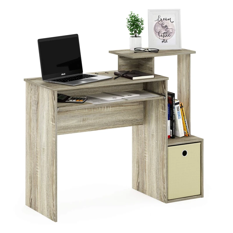 Furinno ECON Desk, Gaming Desk with Keyboard Tray, Computer Desk, Office Desk with Side Shelves and Storage Bin for Home Office, Study Room, Dorm, Sonoma Oak