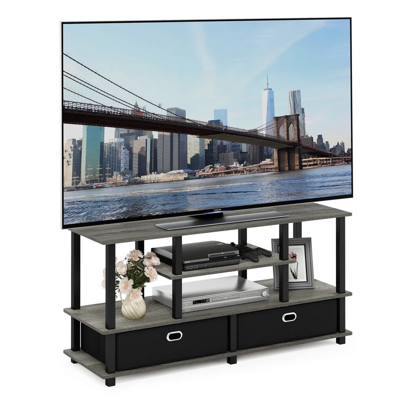 Furinno JAYA TV Stand, 4-Tier Entertainment Center, TV Console for TV up to 55 Inch with 2 Storage Bins and Open Shelves, for Living Room, Bedroom, French Oak