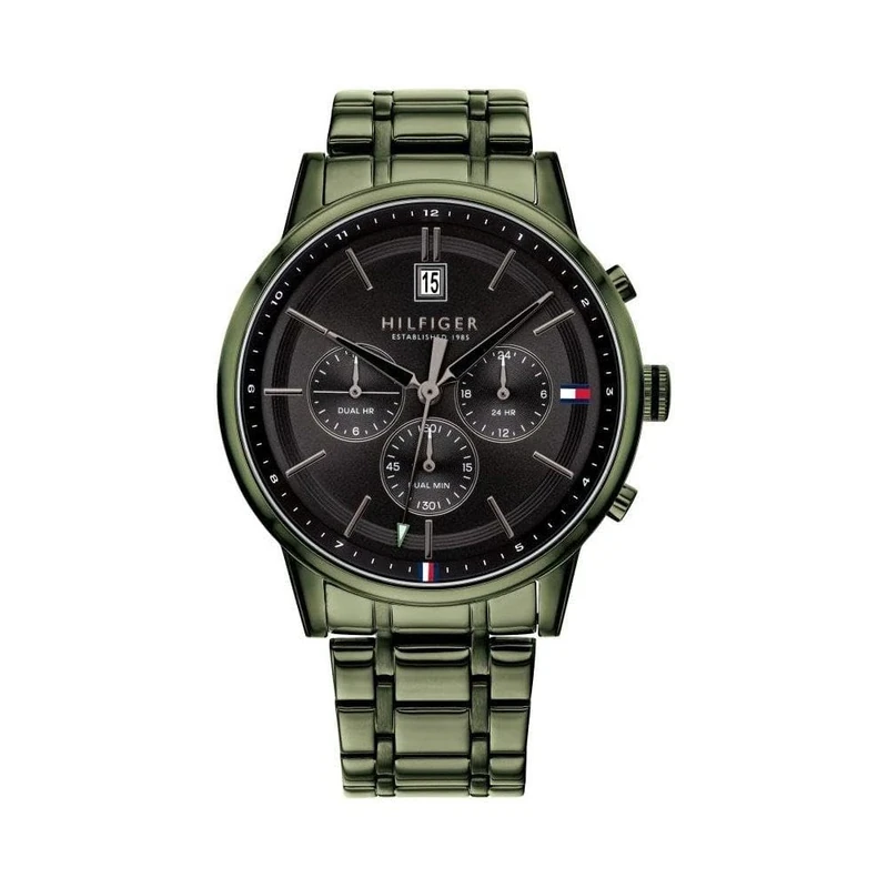 Tommy Hilfiger Men's 44mm Multifunction Quartz Watch - 3-Hand Movement, Green Stainless Steel Bracelet, Black Sunray Dial, 5ATM Water Resistant - 1791634