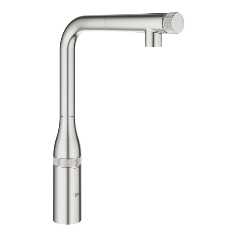 GROHE Essence Smartcontrol Pull-Out Kitchen Tap (High L-Spout, 140° Swivel Range, Water-Saving, Push for ON-OFF, Turn for Volume and Temperature Adjustment, 3/8 Inch Tails), Supersteel, 31615DC0