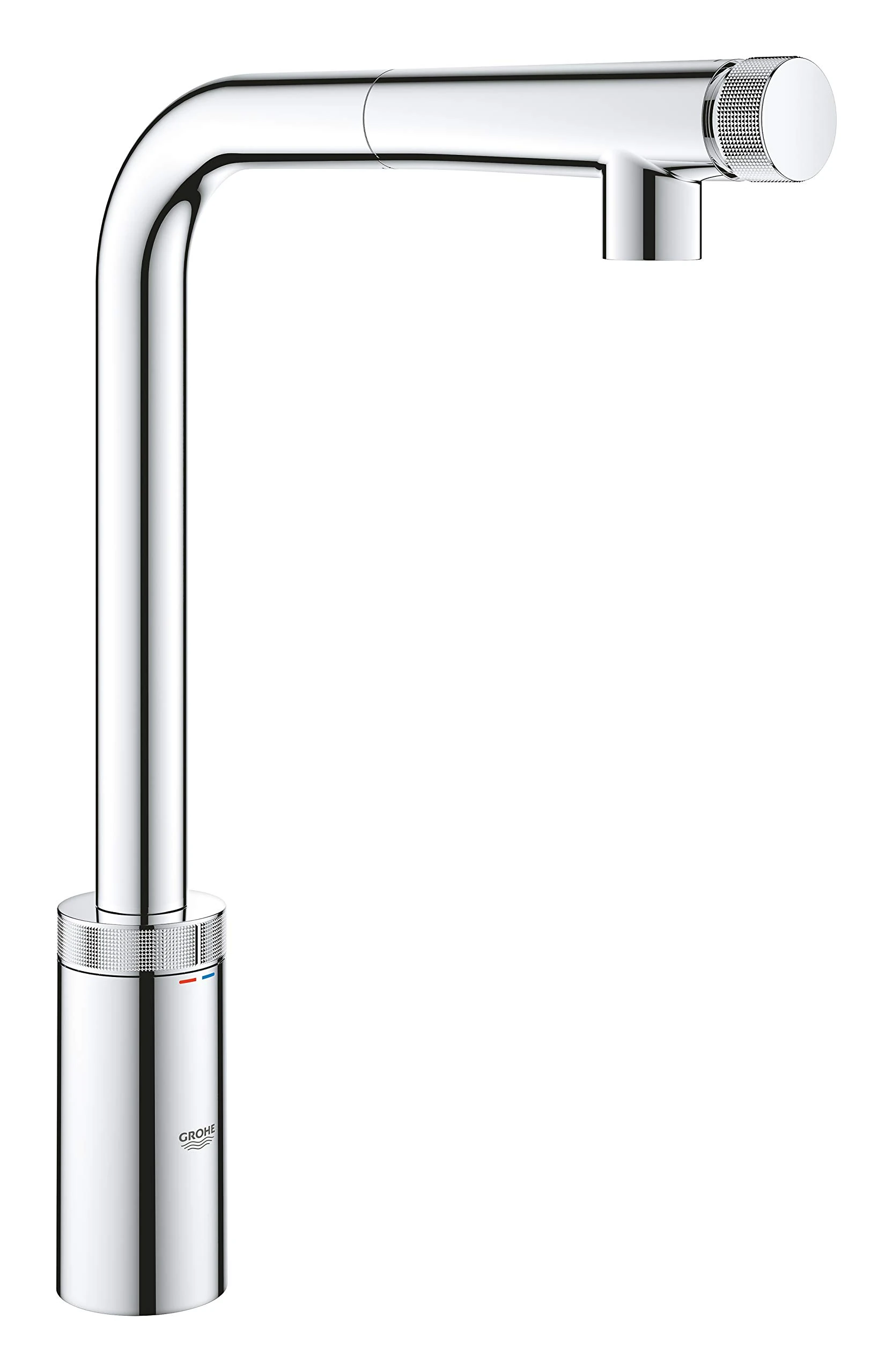 GROHE Minta SmartControl - Kitchen Tap with Pull-Out Spray Head (High L-Spout t, 140° Swivel Range, Metal Spray Magnetic Docking, Push for ON-OFF, Temperature Tuning, Tails 3/8 Inch), Chrome, 31613000