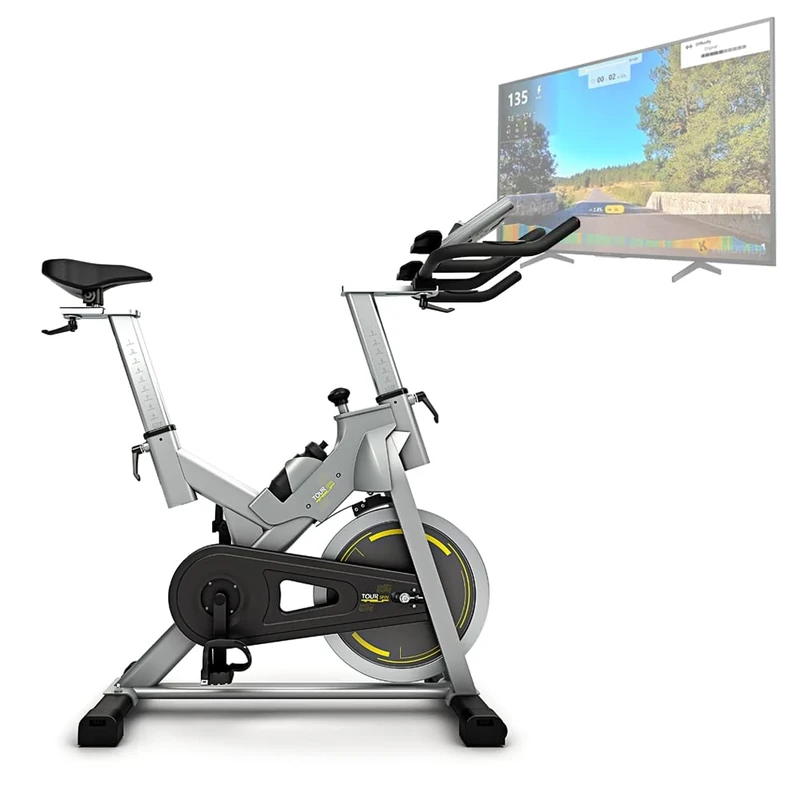 Bluefin Fitness TOUR SP Bike | Home Gym Equipment | Exercise Bike Machine | Kinomap | Live Video Streaming | Video Coaching & Training | Bluetooth | Smartphone App Black and Silver