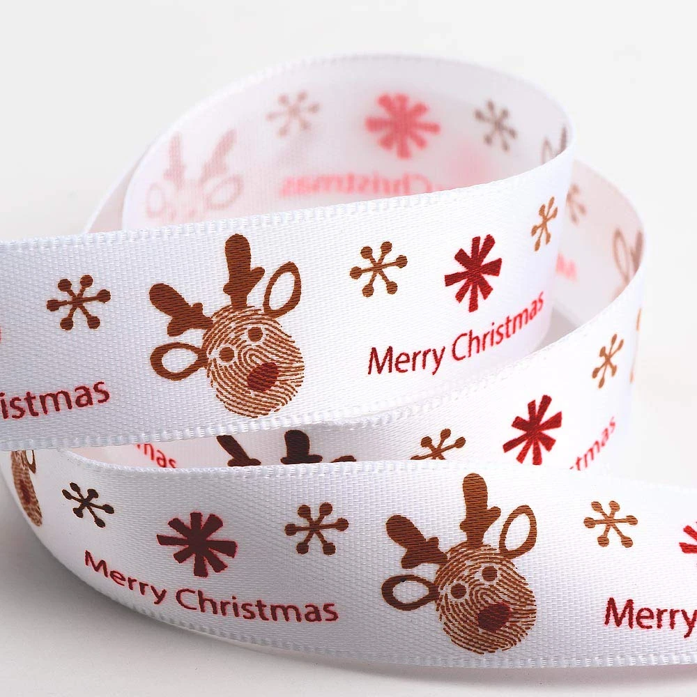 Italian Options Merry Christmas Reindeer Satin Ribbon - 16mm x 5M - White