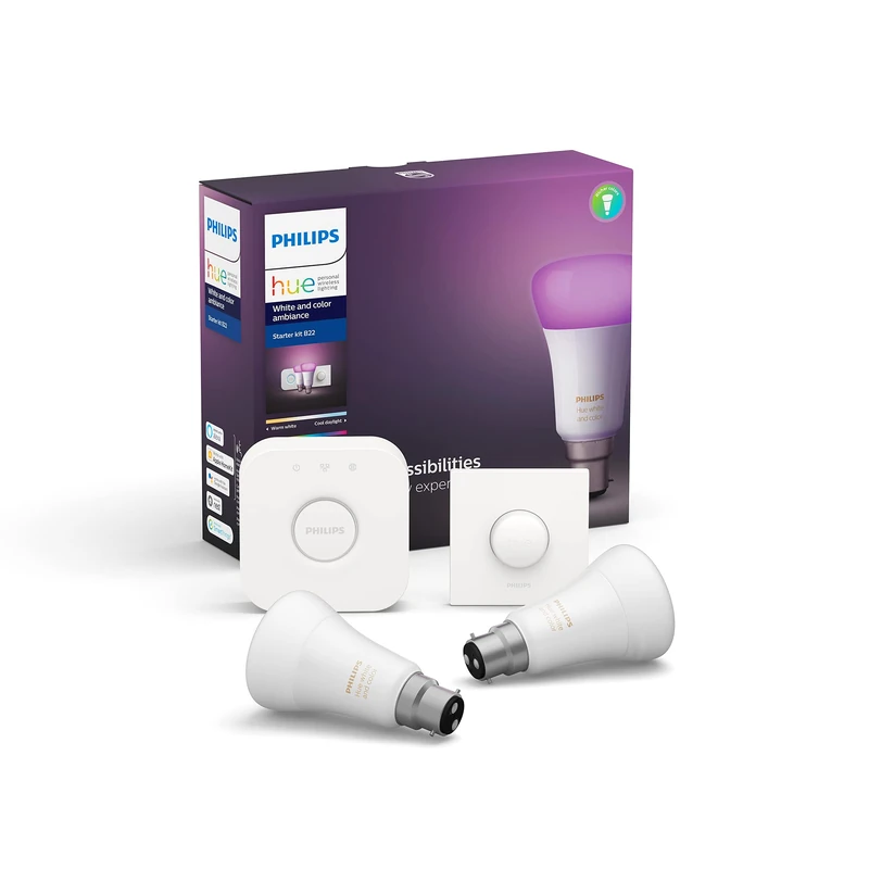 Philips Hue White and Colour Ambiance Starter Kit: Smart Bulb 2x Pack LED [B22 Bayonet Cap] Includes Hue Button + Bridge. Works with Alexa, Google Assistant and Apple HomeKit