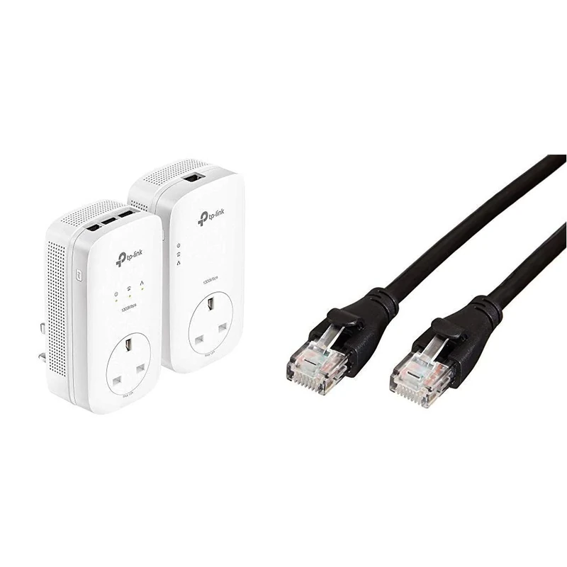 TP-Link TL-PA8033PKIT AV1300 3-Port Gigabit Passthrough 2x2 MIMO Powerline Adapter Starter Kit, Range Extender, WiFi Extender/Booster & Amazon Basics RJ45 CAT6 Ethernet LAN Patch Cable (0.9 m)