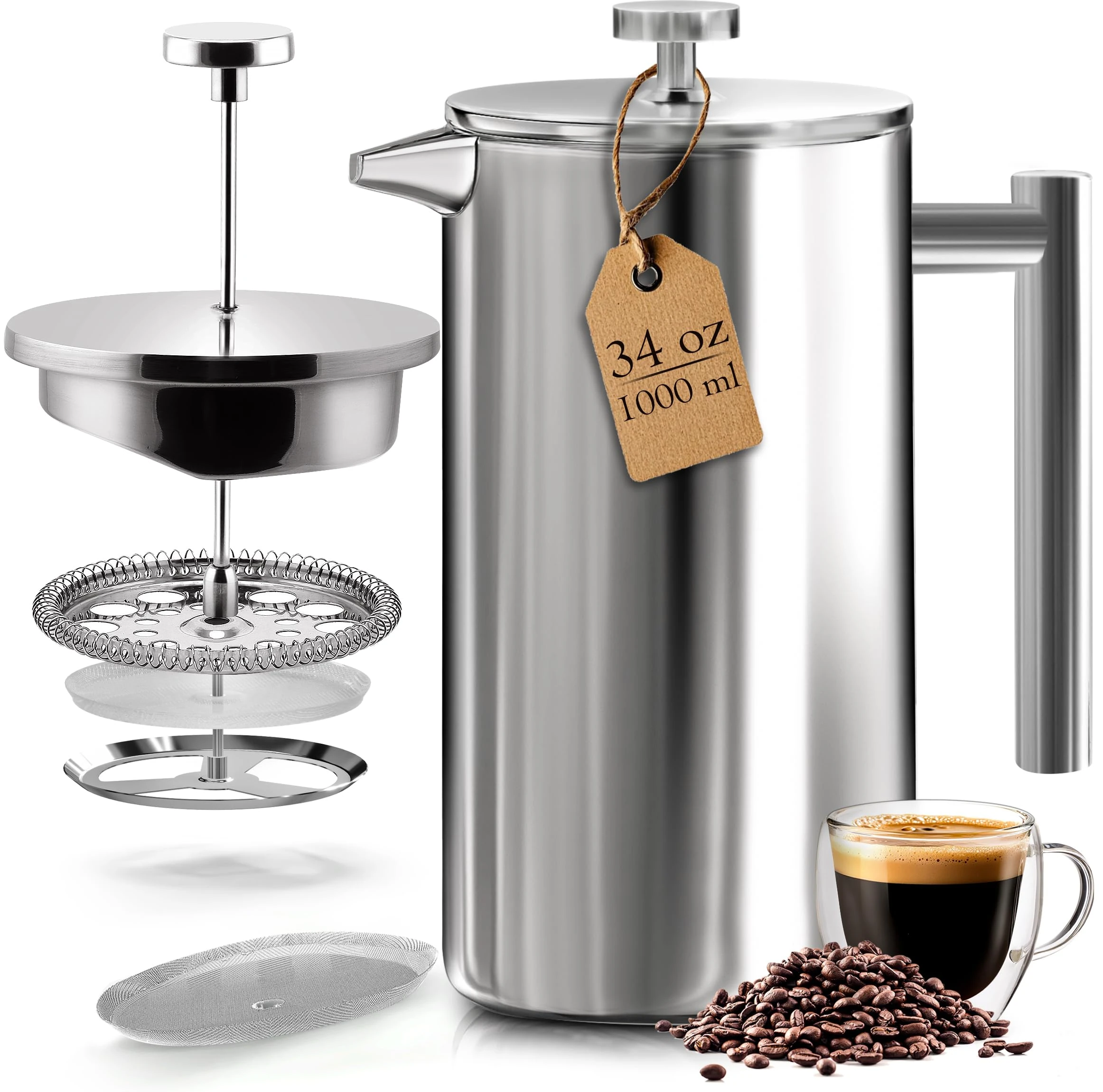 KICHLY French Press Coffee Maker, 1 Litre (8 Cups) Double Wall Stainless Steel Cafetiere, Silver – Insulated Coffee Press (Pack of 1)