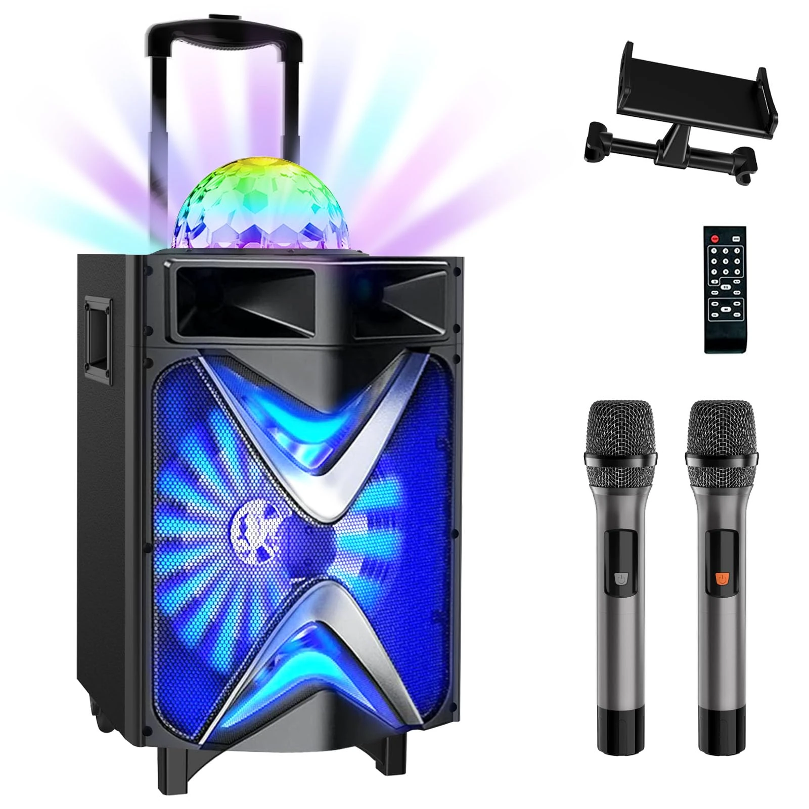VeGue Karaoke Machine with 2 Wireless Microphones, 10" Big Subwoofer Portable PA System Bluetooth Speaker with Disco Ball, Tablet Holder, Ideal for Home Karaoke, Party, Outdoor Events (1088US)