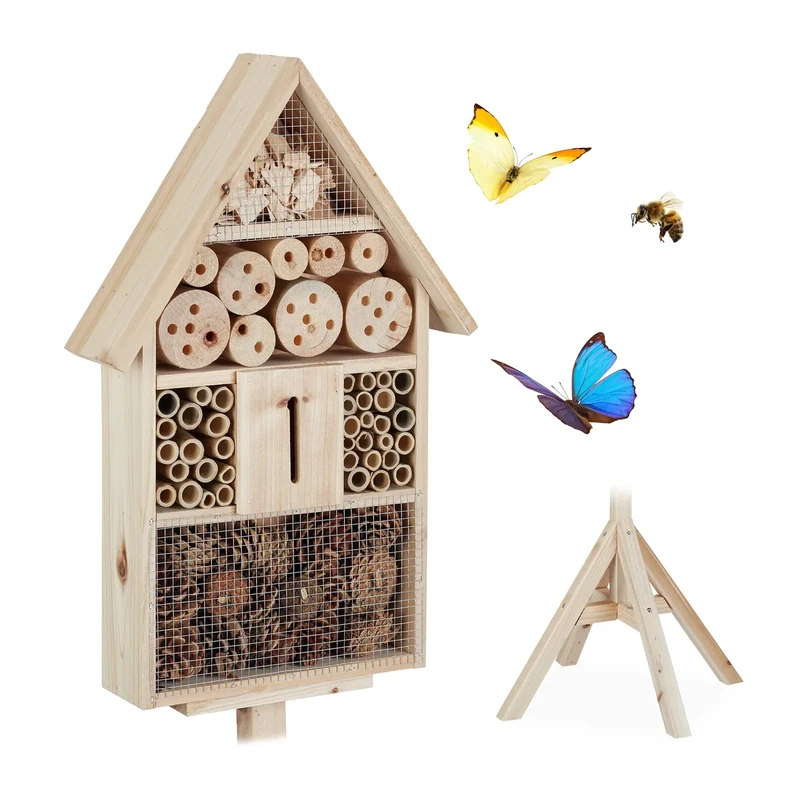 Relaxdays Insect Hotel on Stand, Garden Nesting Aid, Bee House, Wooden, HWD: 140x47x47cm, Natural
