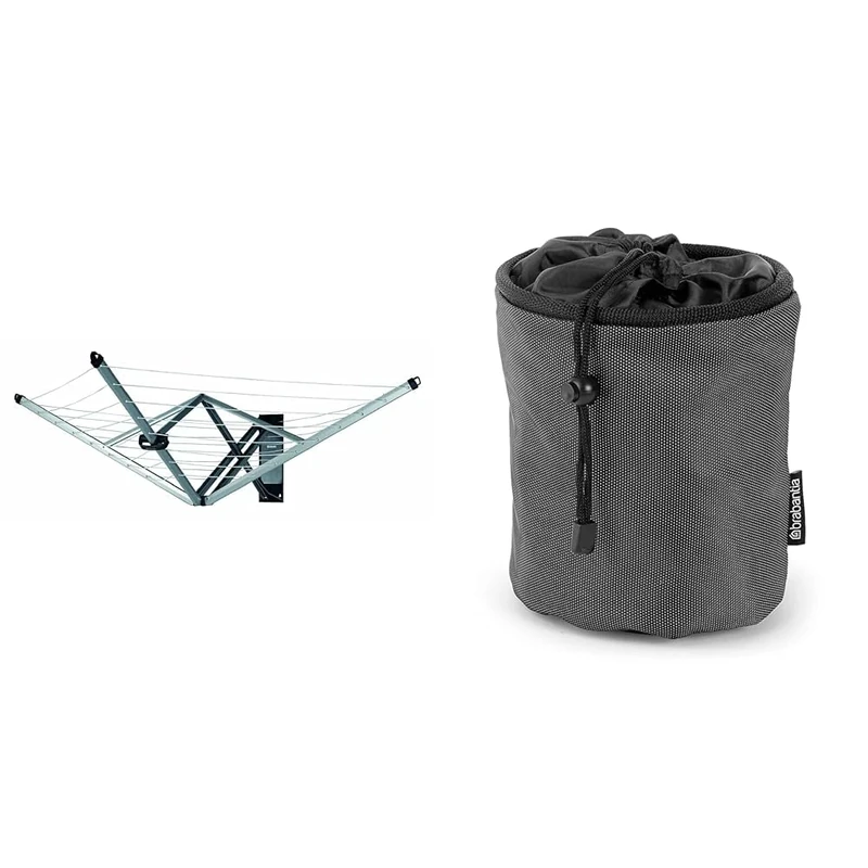 Brabantia - WallFix - 24 Metres of Clothes Line - UV-Resistant & Non-Slip Lining Metallic Grey - 184 x 182 cm & Premium Peg Bag - with Closing Cord - for up to 150 Pegs -Black - 28 x 18 x 17.5 cm