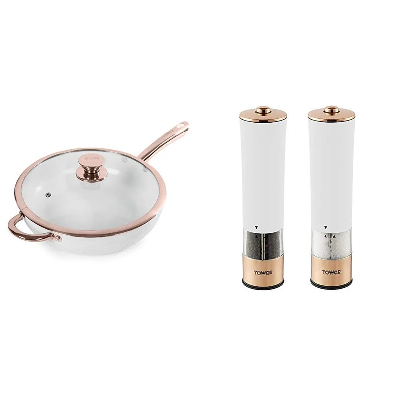 Tower T800003RW Linear Induction Saute Pan With Lid, Non Stick Cerasure Coating, White And Rose Gold, 2.6 Litre, 28 cm & T847003RW Electric Salt and Pepper Mills, White, 5.6 x 5.6 x 22.5 cm